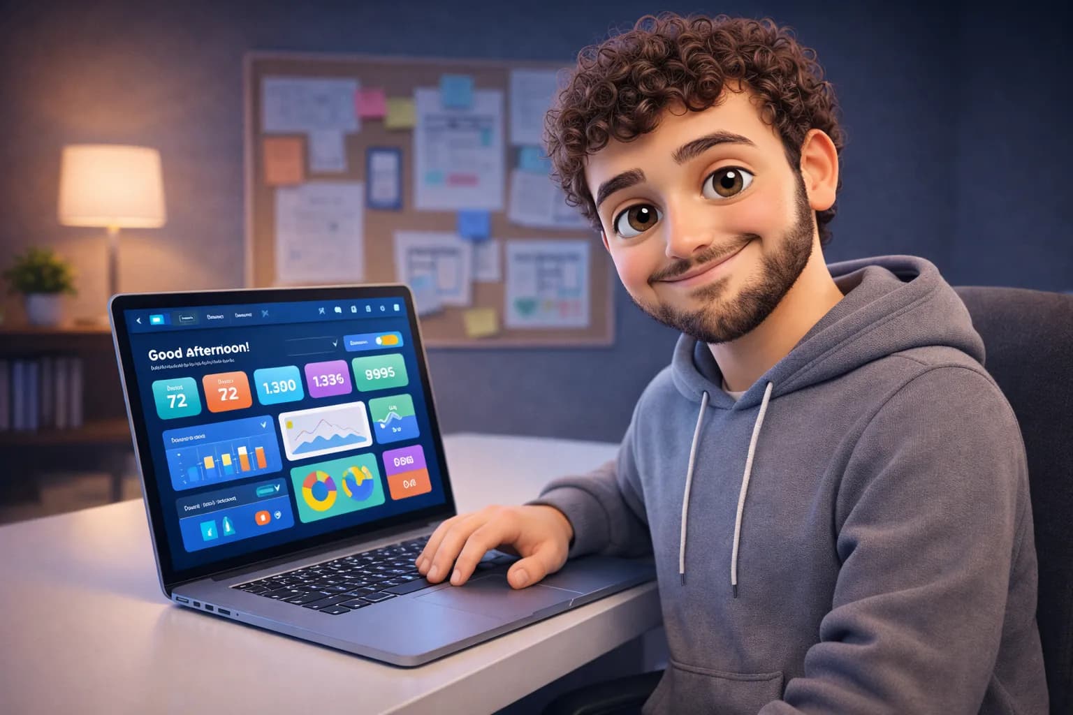 Character sitting at a desk, coding on a laptop