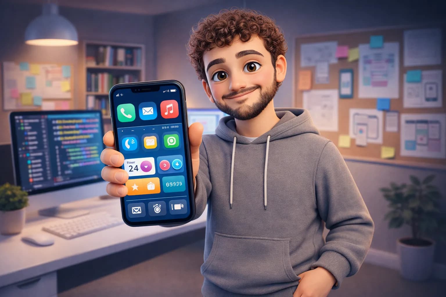 Character next to a fast-loading website on a screen